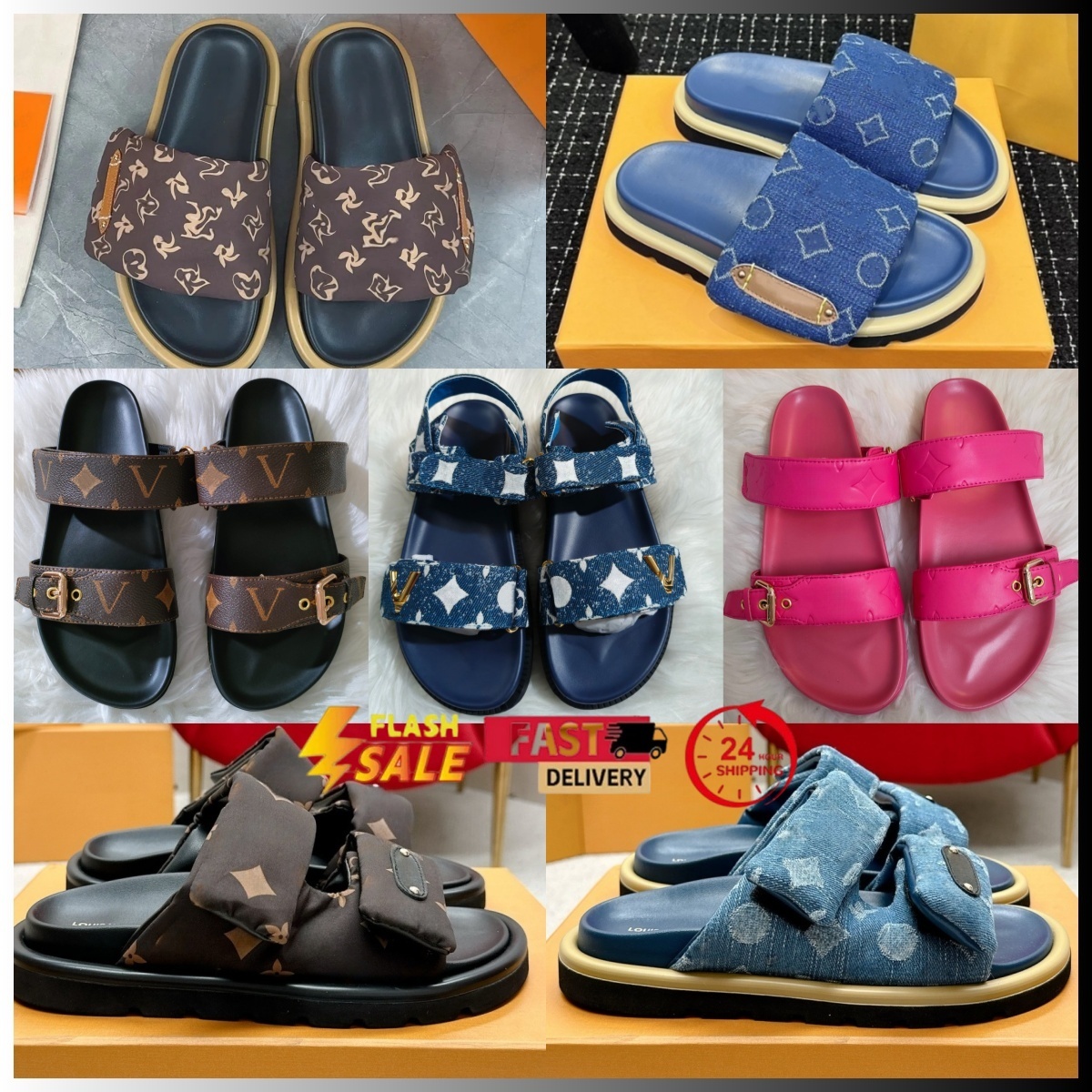 Denim lvs Designer Slippers Pool Pillow Slides Summer Cotton Fabric sliness Leather Casual Shoes Man Black Scuff Flat Sandals Mules Sunset Padded Women Fashion