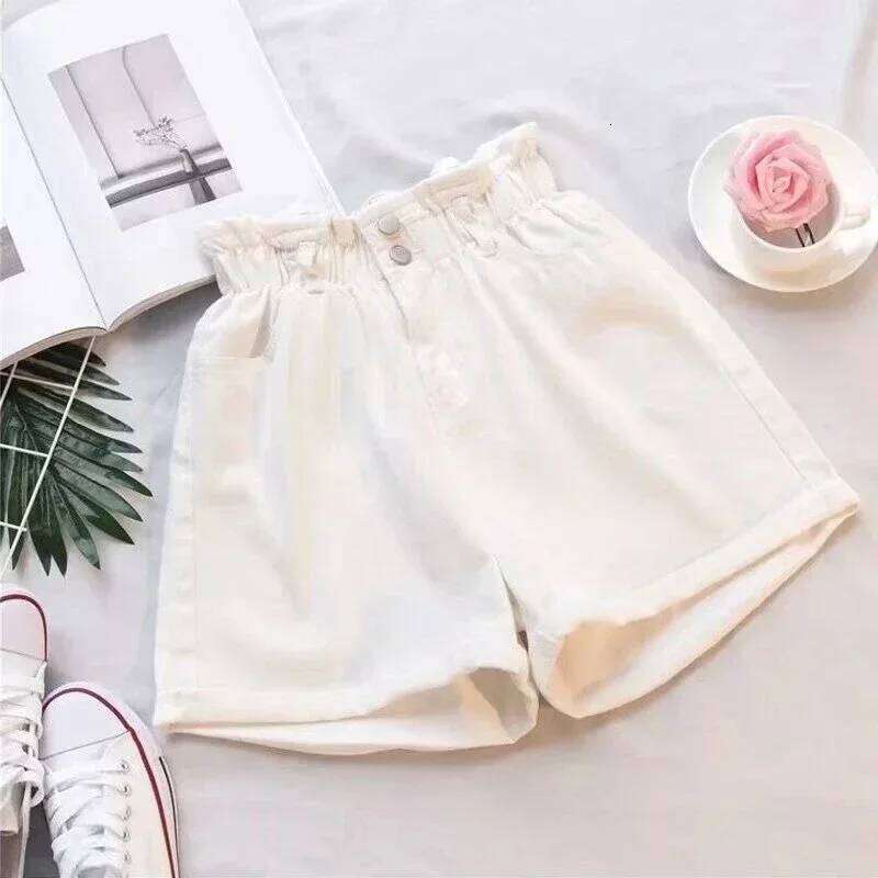 Summer Women's Blue Cotton Denim Shorts Korean Fashion Elastic Waist Loose Casual Wide Leg Female Clothing XJ260206