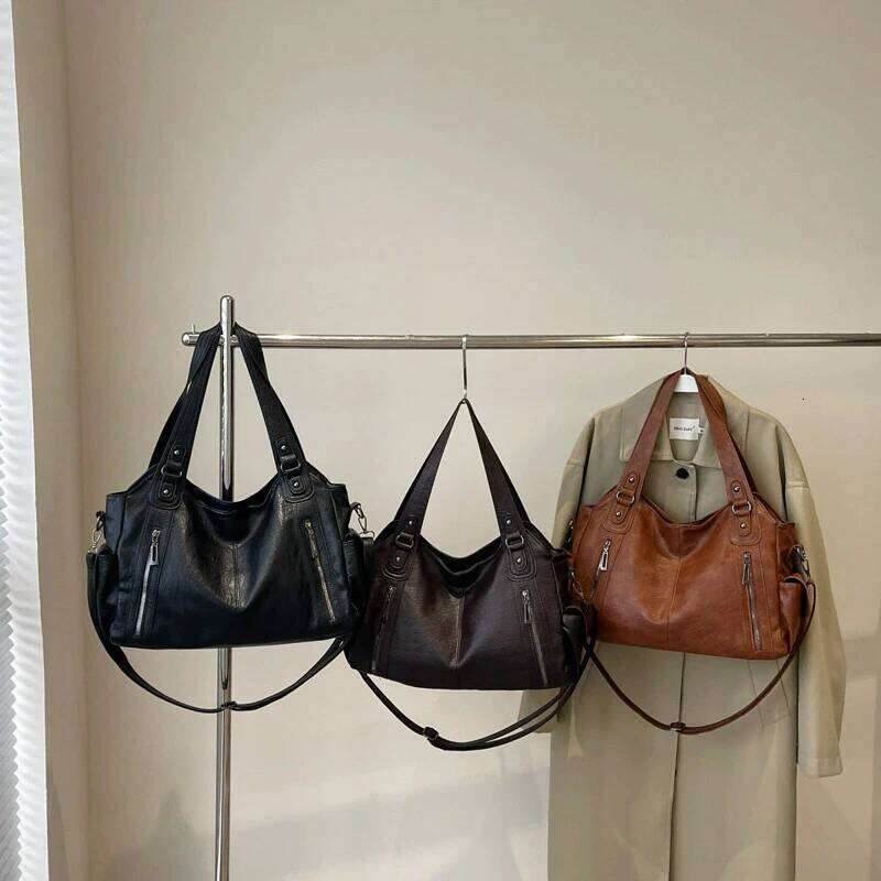 New Solid Zipper Dual Main Pockets High Capacity Handbag For Women Sewing Thread PU Fashion Ladies Shoulder Bag Y260205