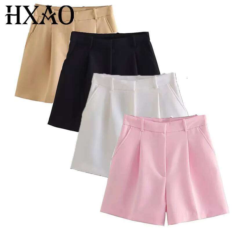 HXAO Female Black Pink Woman Summer 2024 Pleated Baggy White Shorts For Women Casual High Waist Short Pants XJ260206