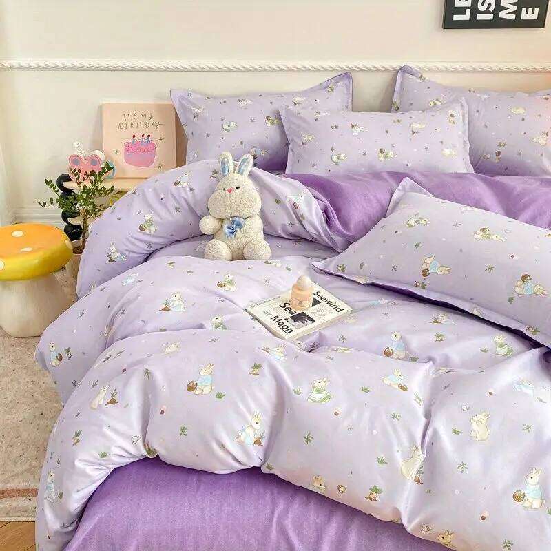 Cute Rabbit Bedding Set Ins Style Floral Duvet Cover No Filler Pillowcases Flat Sheet Single Full Size Girls Bed Linens XJ260206