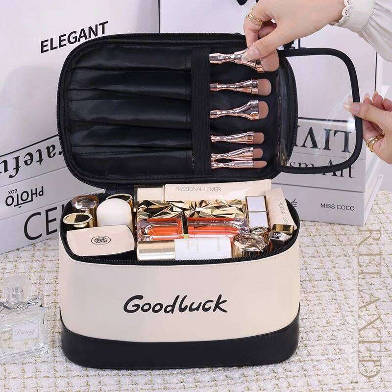 Large Capacity PU Leather Bag Cosmetic Organizer Travel Toiletry Pouch with Handheld Design for Makeup Brushes & Skincare Y260206