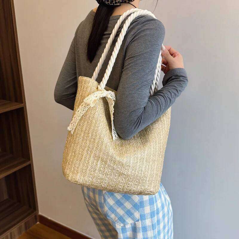 Summer Fashion Lace Ribbon Women Straw Shoulder Bags Large Capacity Handbags Casual Commuter Ladies Armpit Bag Tote Y260205
