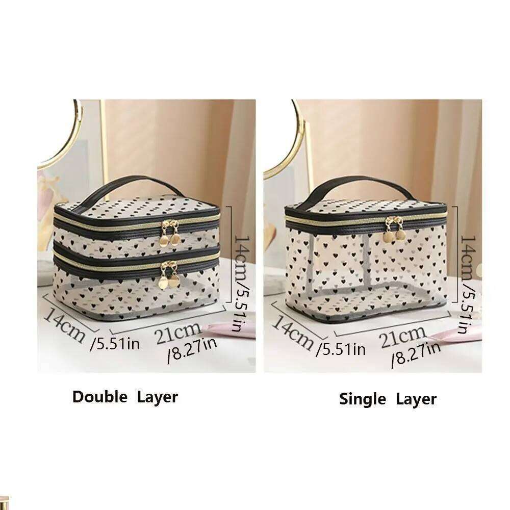 Double/Single Layer Mesh Love Makeup Black Heart Printed Large Capacity Women Toiletry Bag Transparent Zipper Y260206