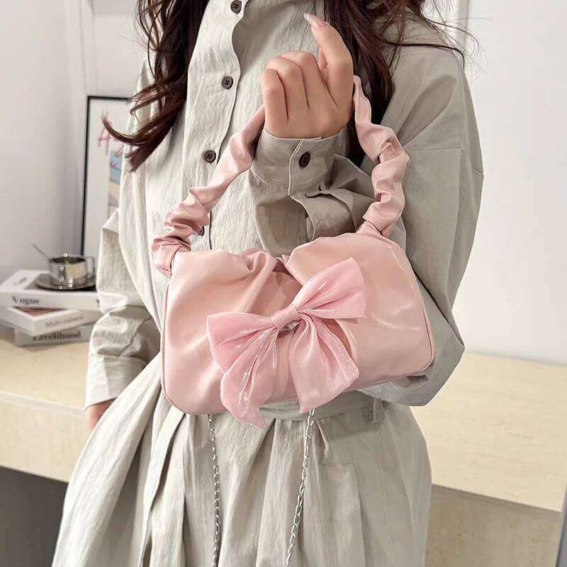 French Sweet Bow Pleated Strap Shoulder Bags for Women Versatile Ladies Chain Crossbody Bag Solid Color Female Pu Handbag Purse Y260205