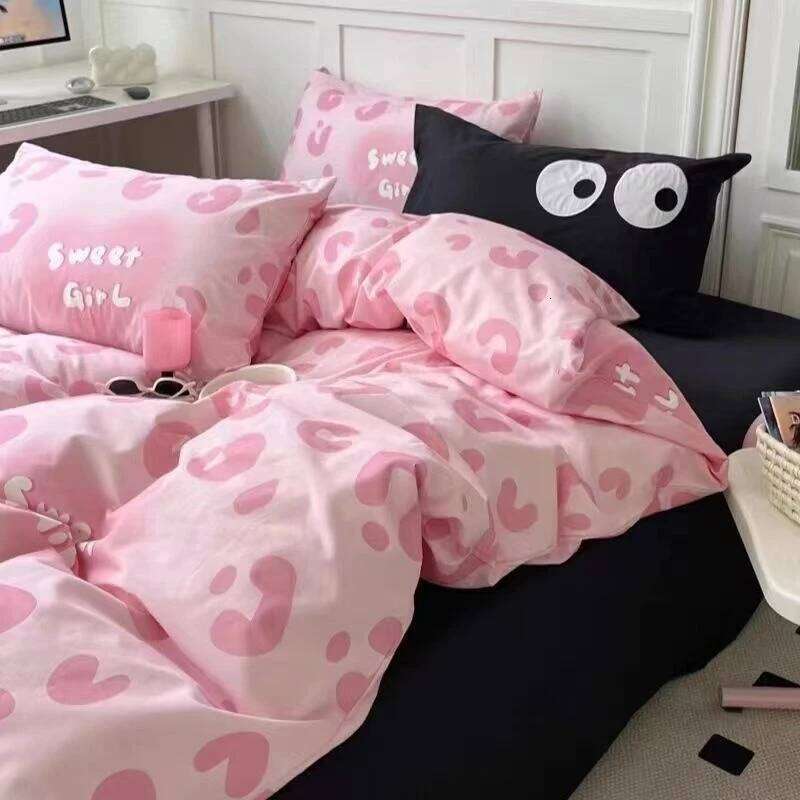 Korean Style Pink Letter Bedding Set Flat Sheet Pillowcase Twin Full Queen Size Bed Linen Women Girls Duvet Cover No Filling XJ260206