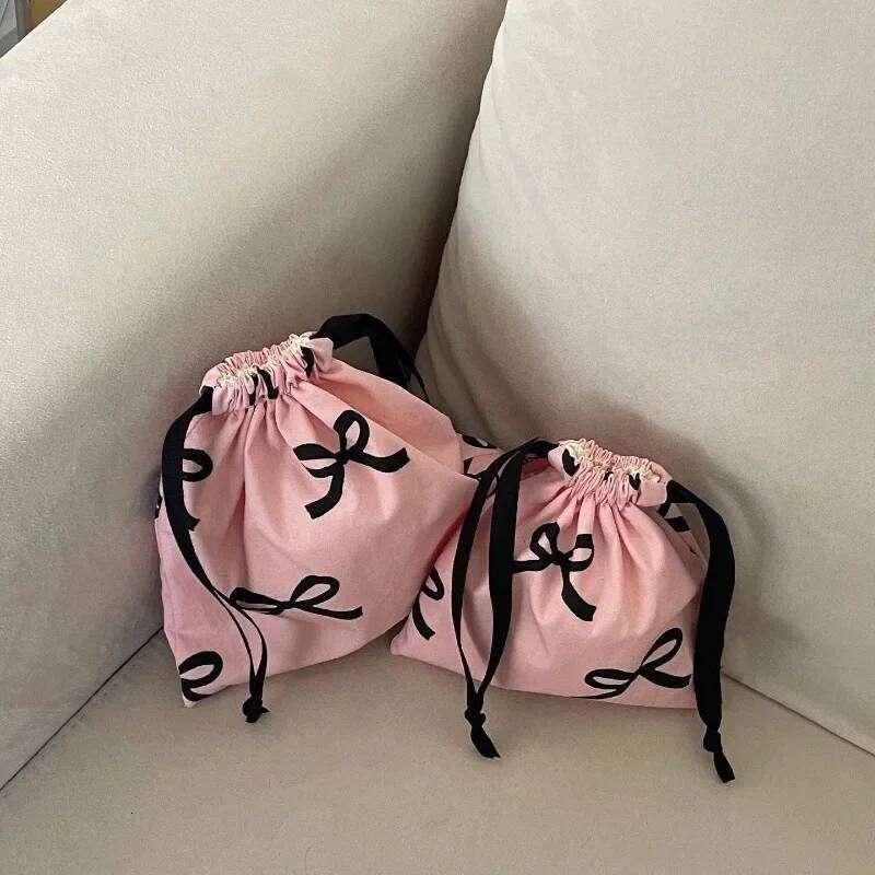 Women Sweet Kawaii String Makup Girl Korean Bow Printed Mini Drawstring Bag Cosmetic Storage Pouch Y260206