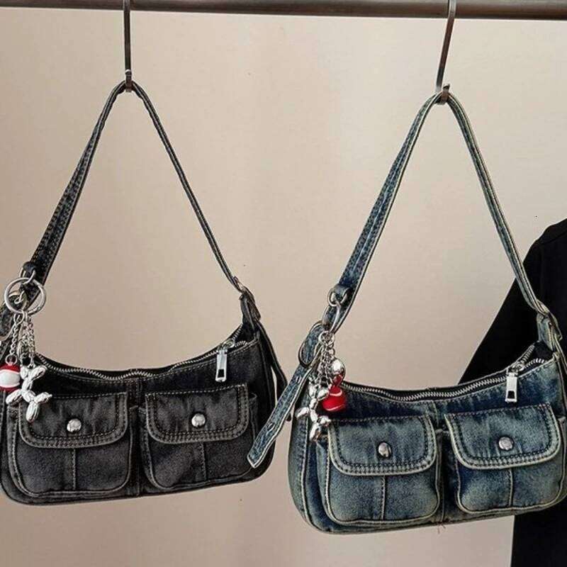 Vintage Denim Shoulder Underarm Bags for Women Portable Spicy Cool Girl Y2K Handbag Double-pocket Design Ladies Armpit Bag Purse Y260205