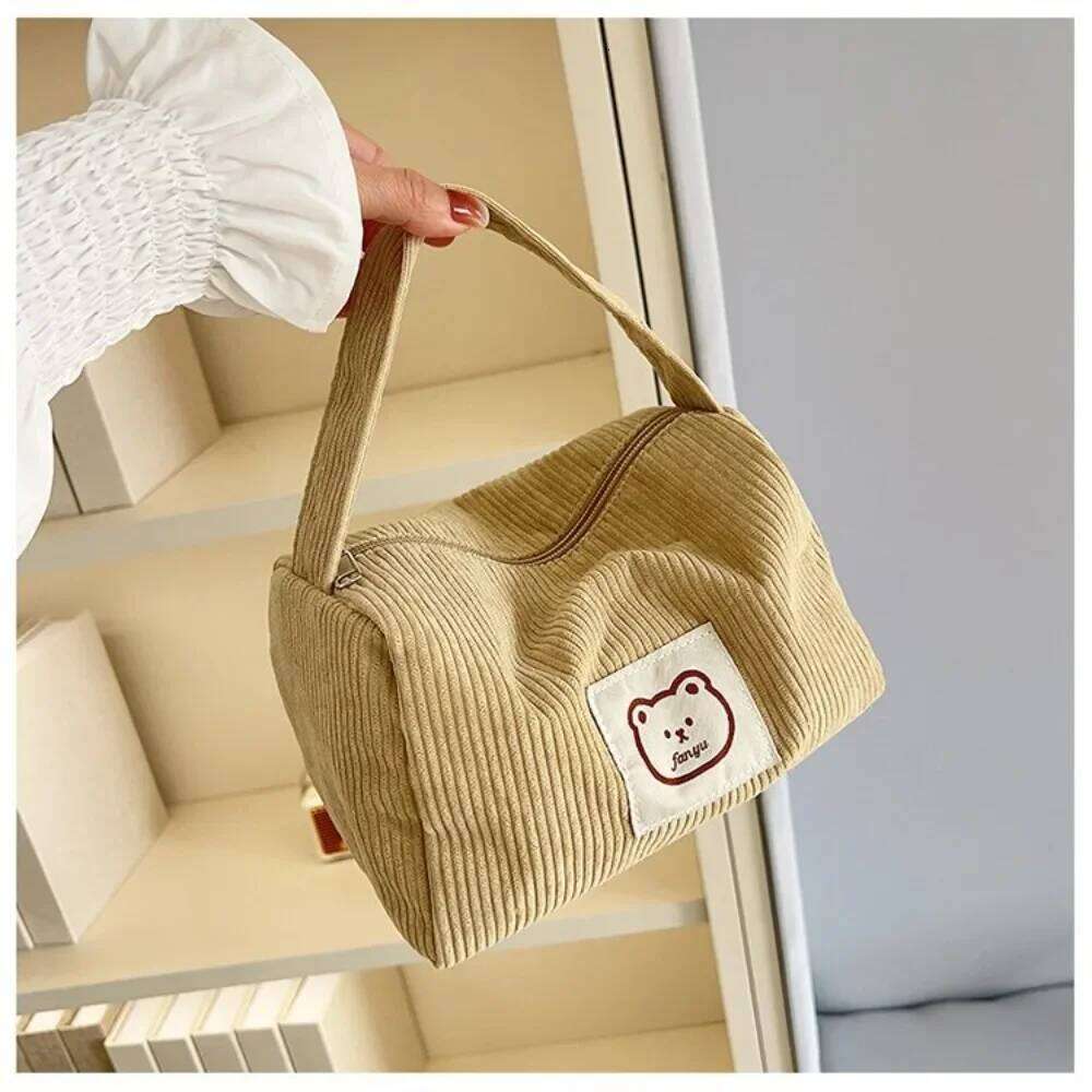 Bear Large Makeup for Women Corduroy Make Up Bags Zipper Pouch with Handle Cosmetic Organizer Toiletry Bag Y260206