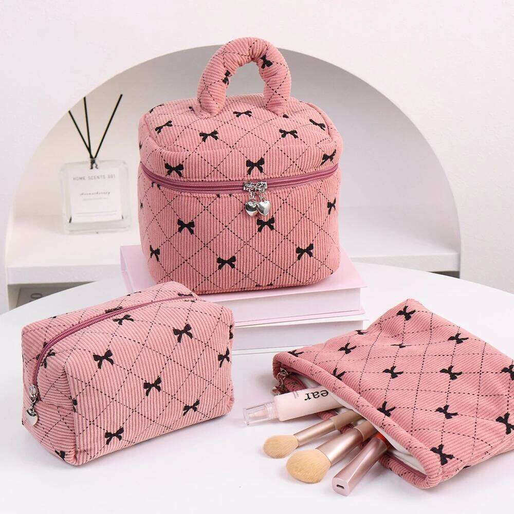 Fashion Bow Women Corduroy Makeup Storage Large Capacity Travel Organizer Cosmetic Pouch Small Handbag Zipper Clutch Bag Y260206