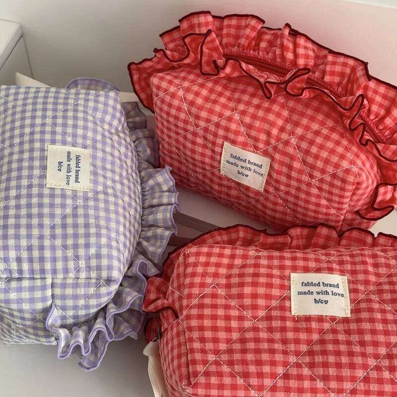 Red White Checkered Makeup Bag with Lace Trim Large Capacity Portable Cosmetic Pouch for Women Travel Y260206