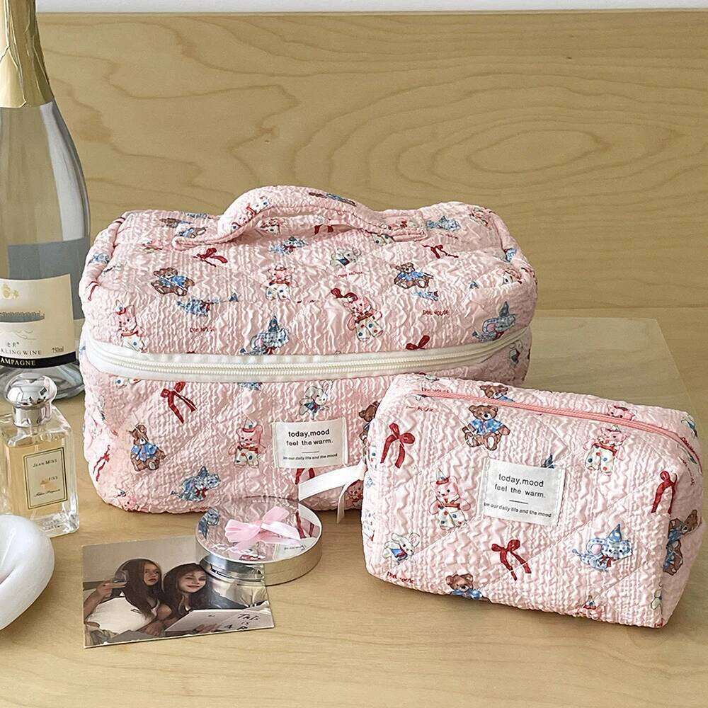 Cute Pink Girls Cartoon Makeup Portable Tote Cosmetic Pouch Handbag Women Personality Ladies Make Up Quilting Zipper Bag Y260206