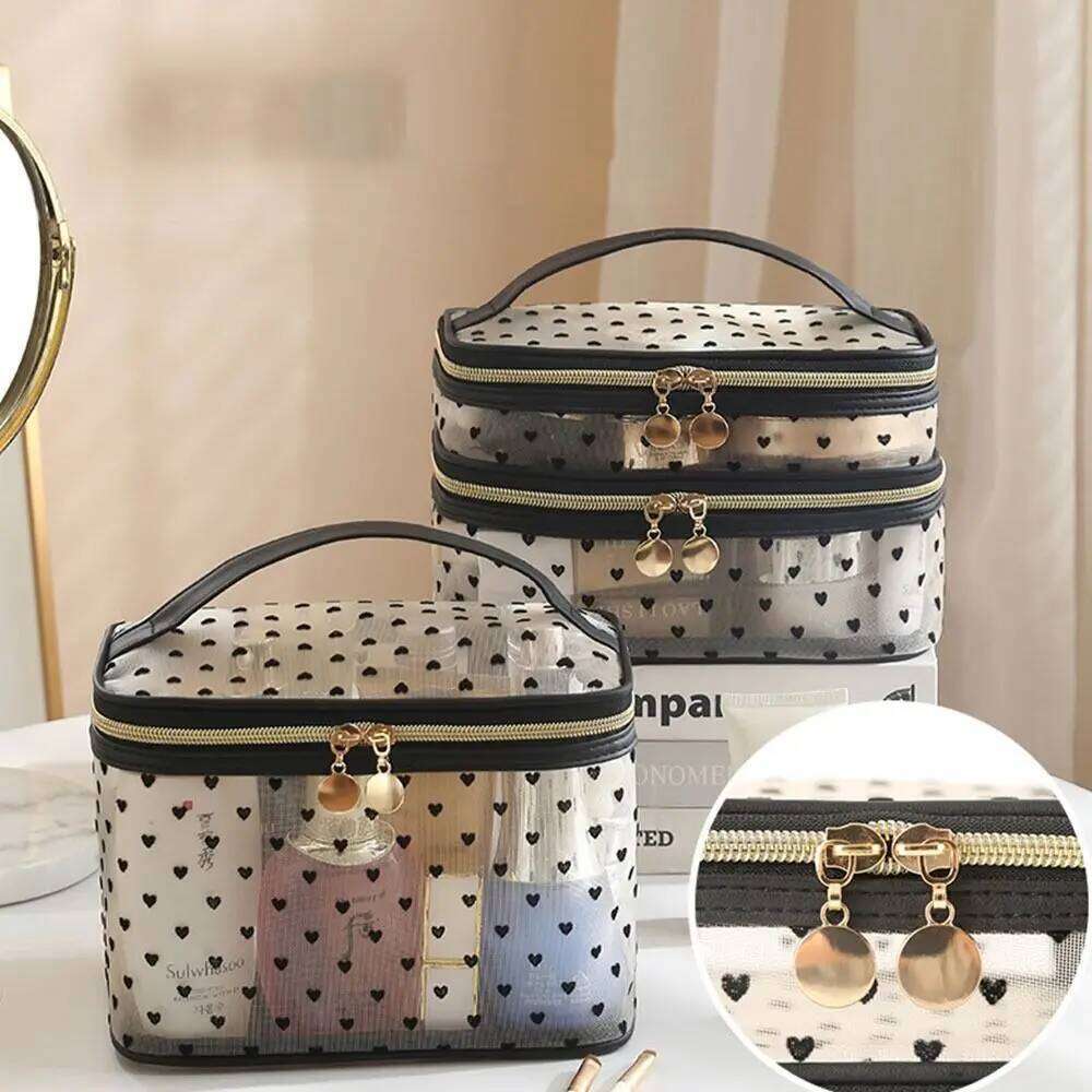 Double/Single Layer Mesh Love Makeup Black Heart Printed Large Capacity Women Toiletry Bag Transparent Zipper Y260206