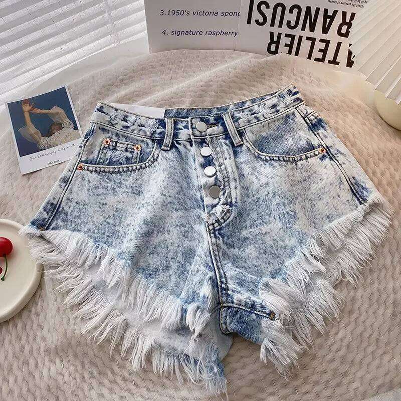 Button Tassel Edge Denim for Women's Summer High Waisted Gradient Wide Leg Pants Jeans Y2k Shorts XJ260206