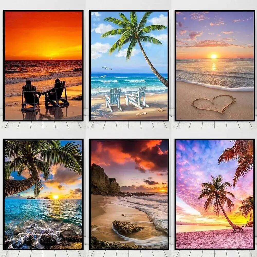 Romantic Beach Sunset Landscape Canvas Print Seaview Wall Art for Living Room Decor Natural Lover Painting Poster 26Y0207