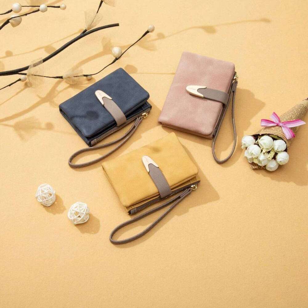 PU leather short small with buckle folding zipper, student coin purse, square matte portable hand-held wallet Y260206