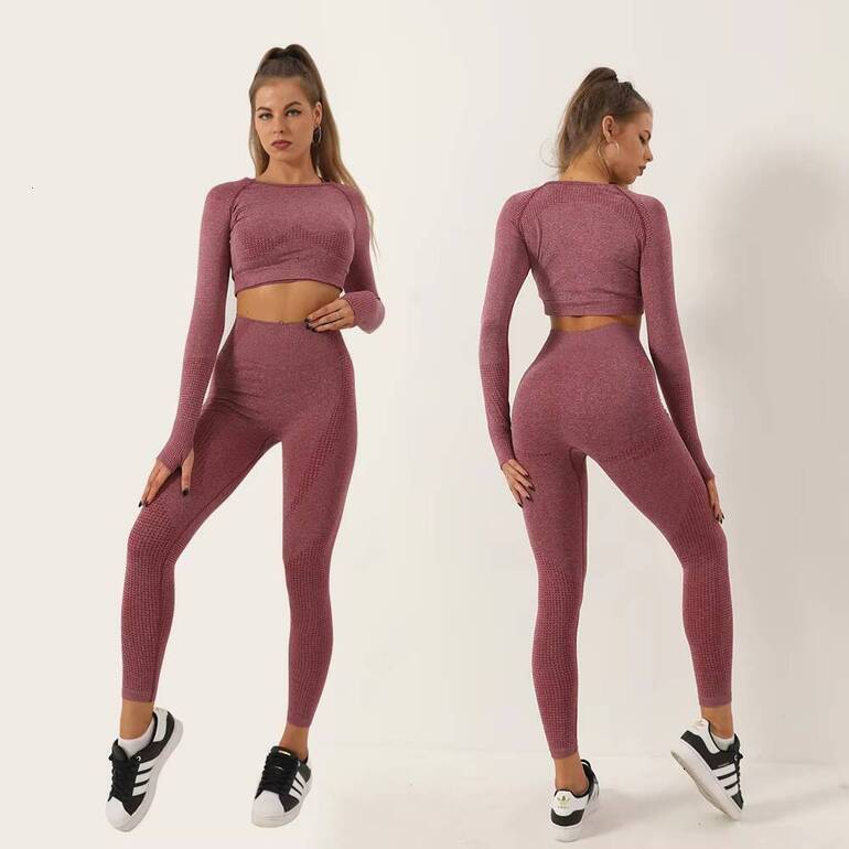 Fashion Fitness Seamless Breathable Stretch Solid Color Two-Piece Set Sleeve Long High Waist Comfortable Yoga Pants hot-sale products yoga wear