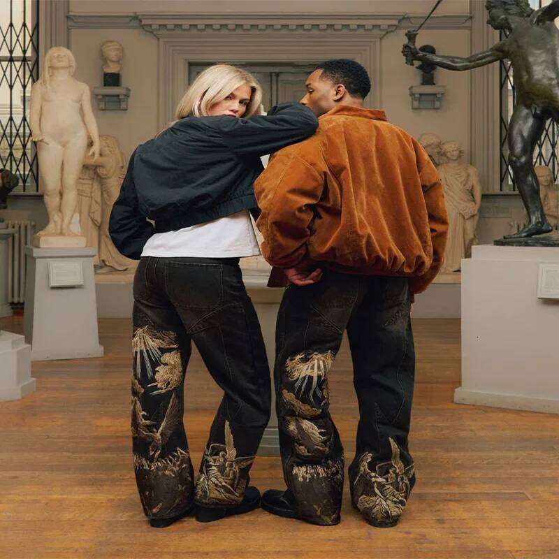 American Vintage Splicing Heavens Eclipse Pattern Seams Embroidery Y2K Gothic Men Women Hip Hop Fashion Street Style Jeans X260207