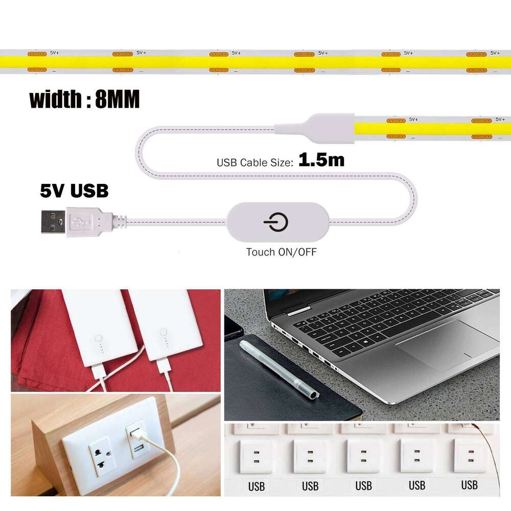 Dimmerable DC 5V USB COB Strip White/Pink/Red/White/Yellow/Yellow/Ice Blue/Green Home Decor TV Backlight Flexible Ribbon Rope Z260206