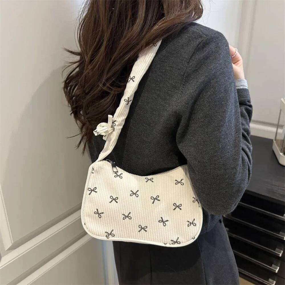Casual Corduroy Underarm Cute Bowknot Large Capacity Shoulder Lightweight Tote Handbag Women Mini Small Clutch Bag Y260205