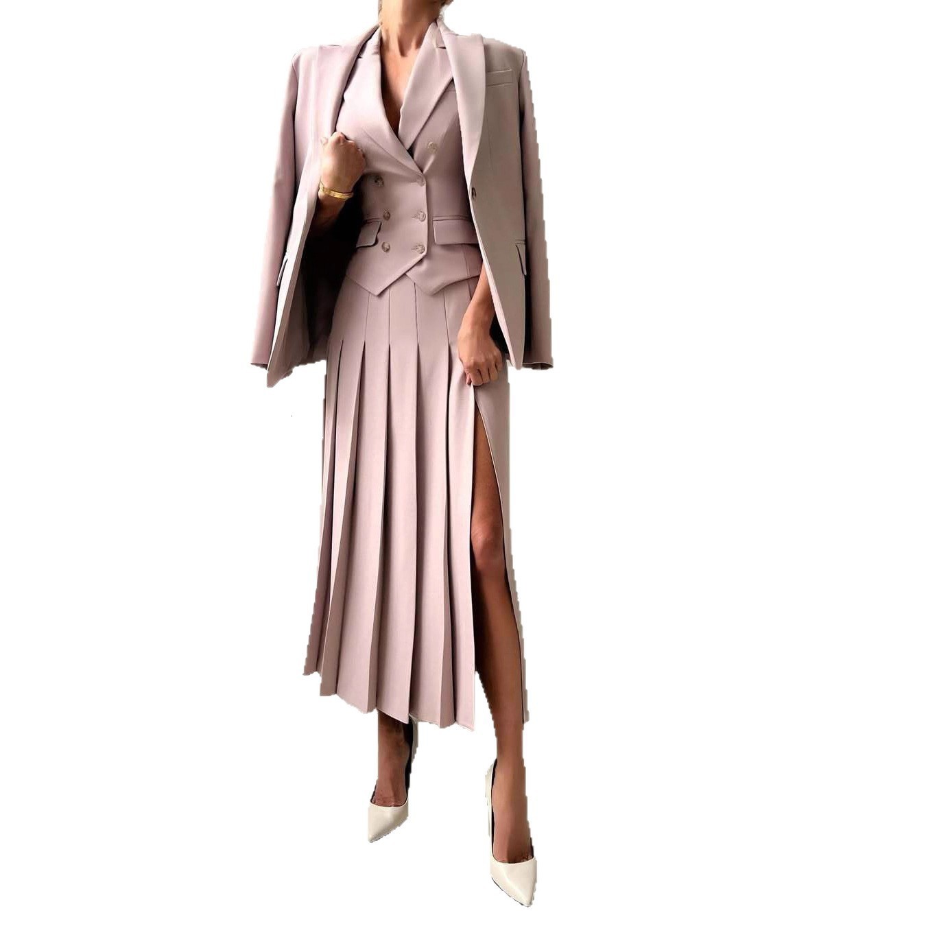 3pcs Women Elegant Work Casual Business Suit Set Fitted Vest for SpringSummer Pleated Midi Skirt Suitable for Office Lady 260109