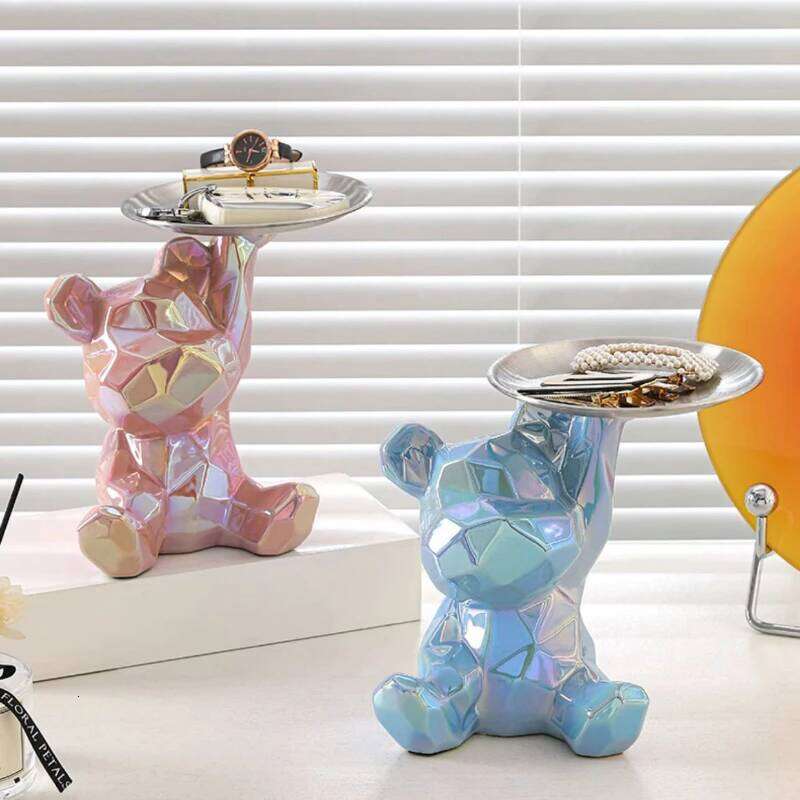 1 piece abstract ceramic electroplated bear with keys, cosmetic storage tray, and piggy bank bookshelf statue decoration. S260204