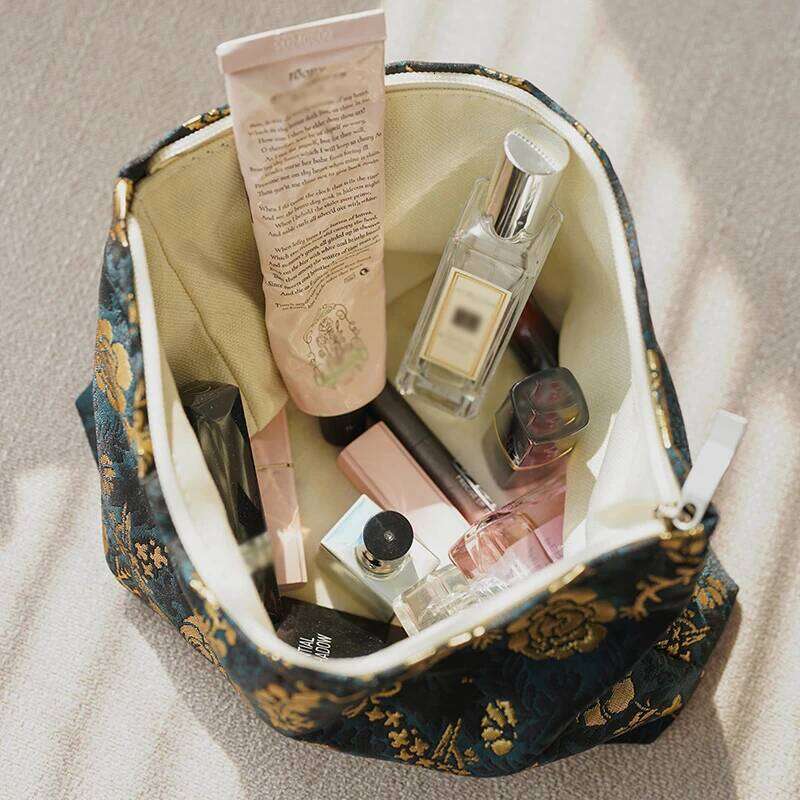Women's Makeup Noble Printed Gold Flowers Large Capacity Lipstick Air Cushion Storage Portable Travel Toiletry Bag Y260206