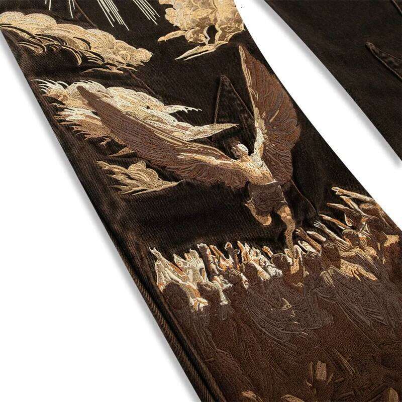 American Vintage Splicing Heavens Eclipse Pattern Seams Embroidery Y2K Gothic Men Women Hip Hop Fashion Street Style Jeans X260207