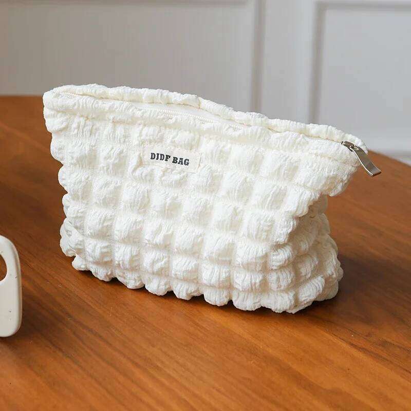 Beige Soft Cloud Bubble Women's Makeup Double Canvas Portable Cosmetics Storage Large Capacity Zipper Toiletry Bag Y260206