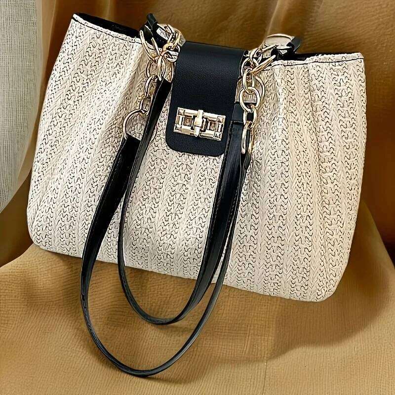 Chic Hand Straw Woven Tote Stylish Women Handbag with Chain Leather Shoulder Strap Fashion Shopping Travel Bag Y260205