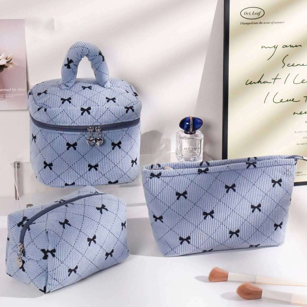 Fashion Bow Women Corduroy Makeup Storage Large Capacity Travel Organizer Cosmetic Pouch Small Handbag Zipper Clutch Bag Y260206