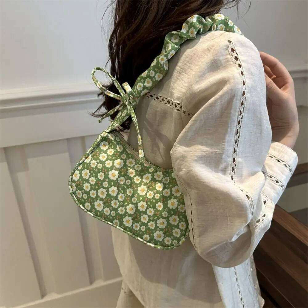 Flower Pattern Printing Shoulder Large Capacity Bow Sweet Canvas Underarm Wrinkle Lovely Tote Bag Travel Y260205