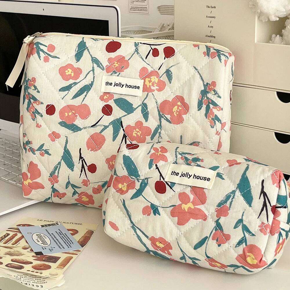 Fashion Flower Quilting Women's Cosmetic Portable Tote Cotton Makeup Storage Pouch Cute Toiletry Make Up Travel Bag For Gift Y260206