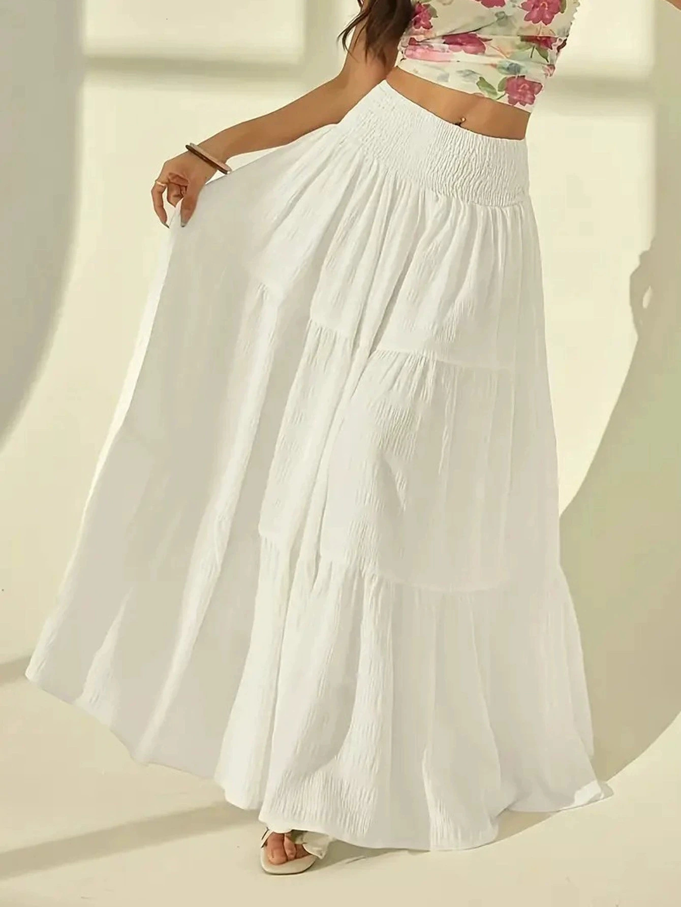 Women Fashion Tiered Maxi Skirt Elastic Waist Casual Solid Color Aline Faldas Mujer Holiday Streetwear Long Jupes 260202