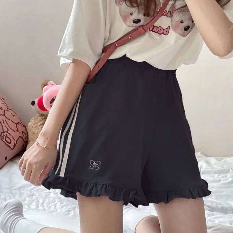 Sporty Shorts Women Ruffles Kawaii Bows Japanese Style Casual Loose Soft High Waist Summer Students Simple Fashion Popular Chic XJ260206