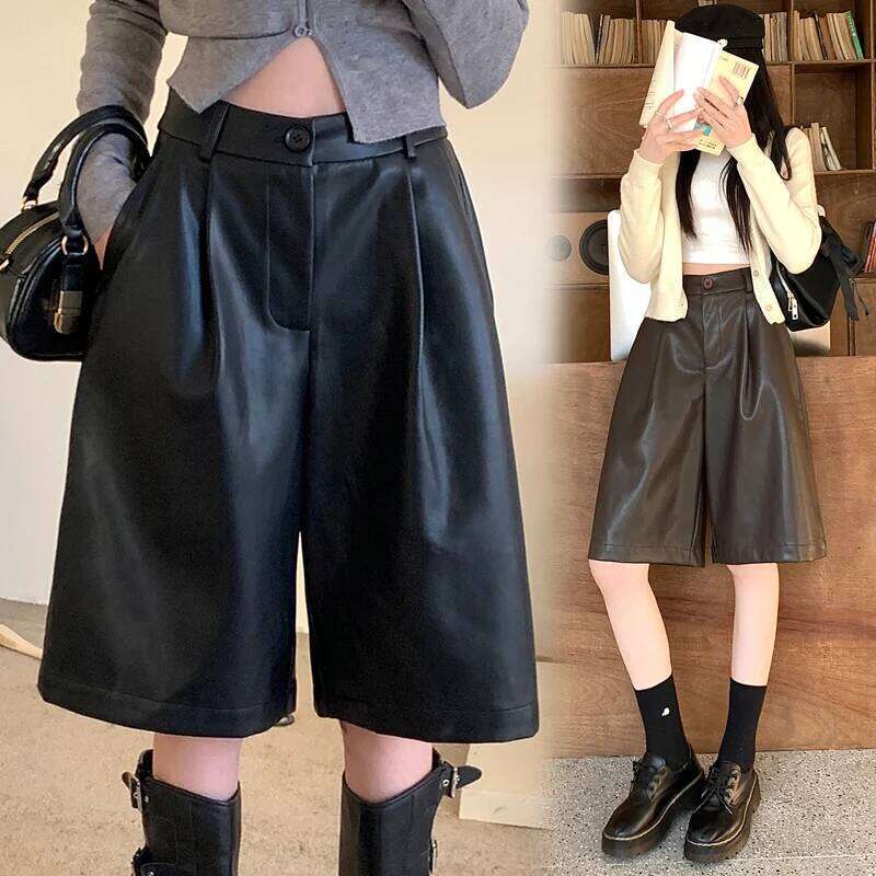 Autumn Winter Vintage Black PU Leather Women's Wide Leg Half Pants Pockets Button High Waist Casual Loose Shorts Female 2025 New XJ260206