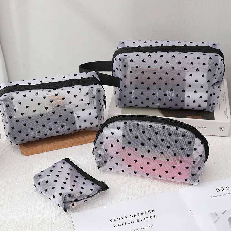 New Transparent Heart Mesh Makeup Portable Nylon Women Make Up Tool Storage Pouch Travel Organizer Cosmetic Clear Zipper Bag Y260206