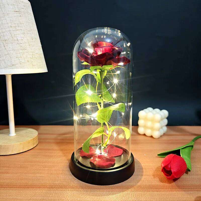 Artificial with LED Eternal Glass Cover Simulating Rose Ornaments Family Wedding Decoration Christmas Valentine Gift S260204
