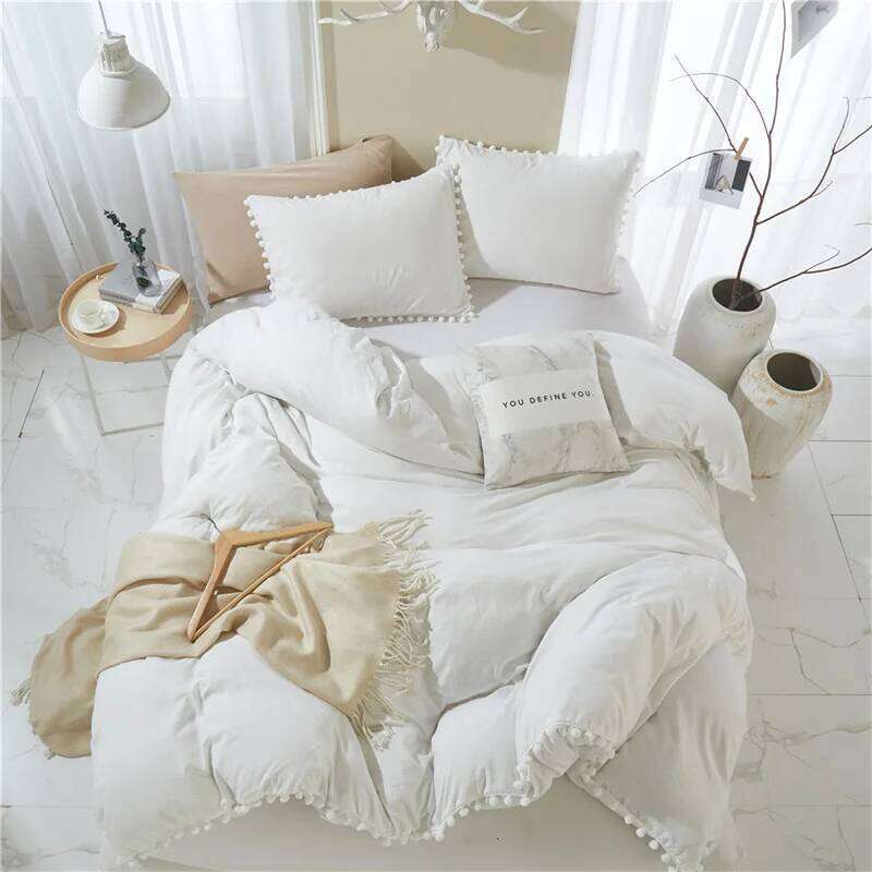 Solid color wash ball tassel Duvet deluxe extra large bedding double bed full set quilt cover XJ260206