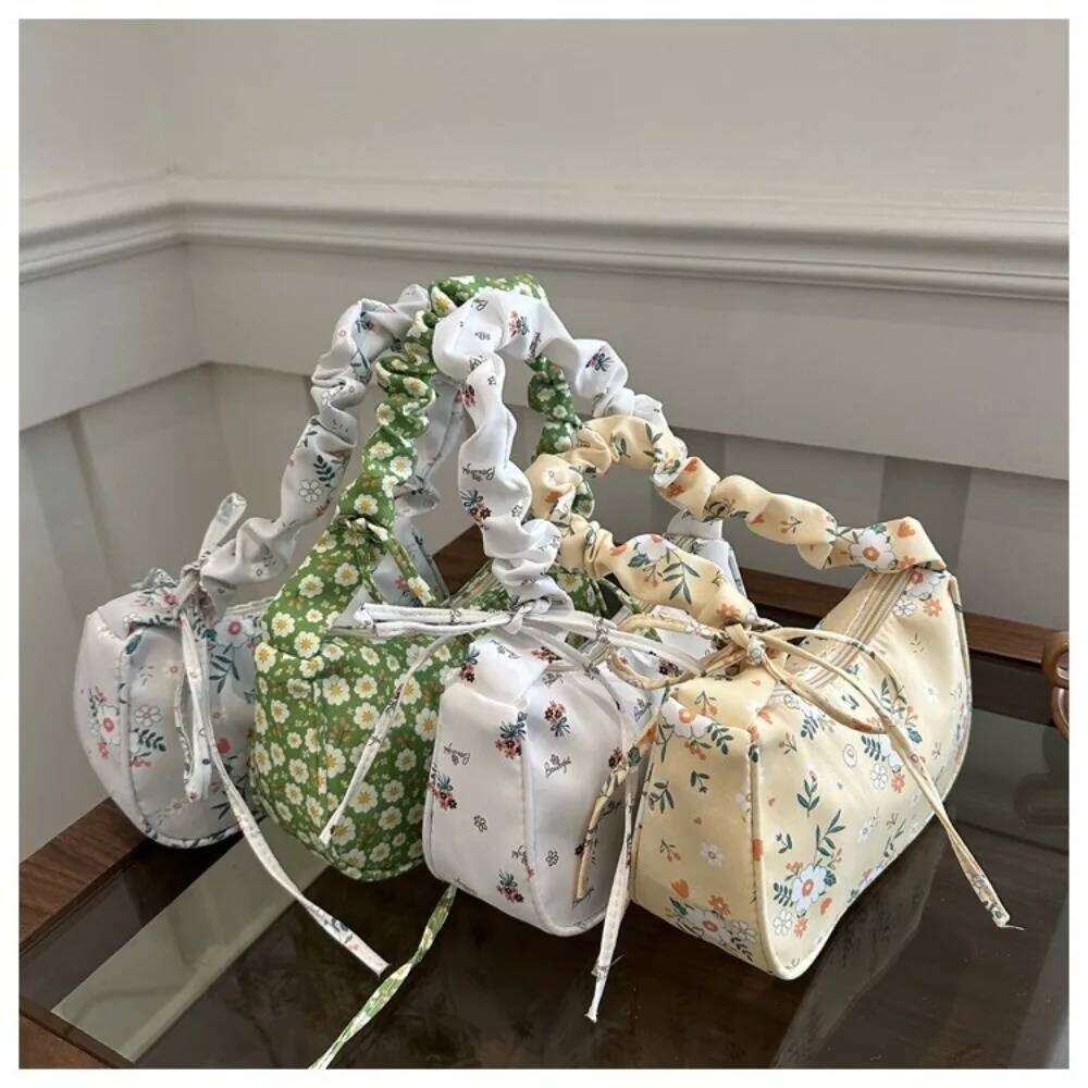 Casual Flower Pleated Underarm Nylon Zipper Floral Shoulder Bag Large Capacity Lightweight Handbags Girls Y260205