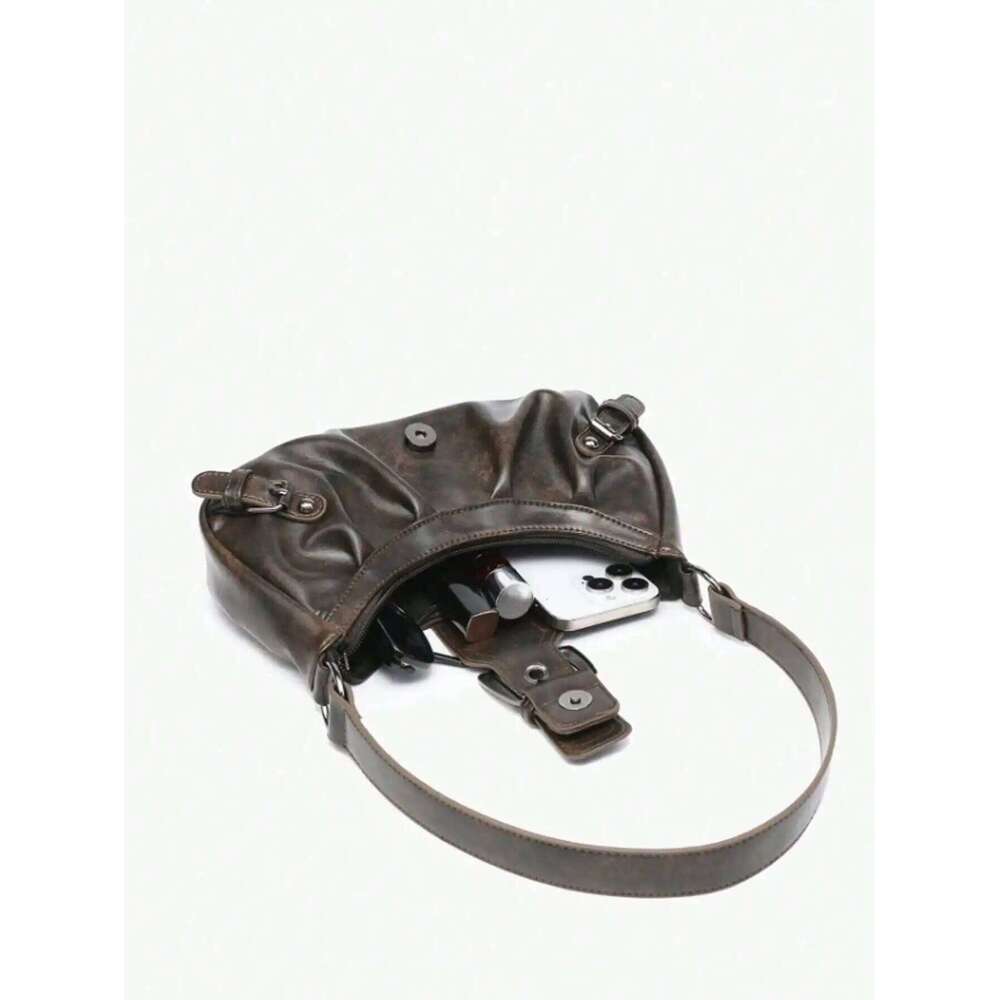 Y2K retro soft matte leather motorcycle with studs, straps, and pleated cloud decoration, can be worn as a shoulder bag or u Z260207 - view 6