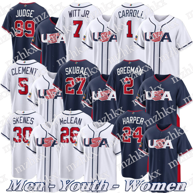 2026 WBC USA Team Baseball Jersey Aaron Judge Harper Mookie Betts Bobby Witt Jr. Corbin Carroll Paul Skenes Tarik Skubal Zack Wheeler Logan Webb Mike Trout jerseys men