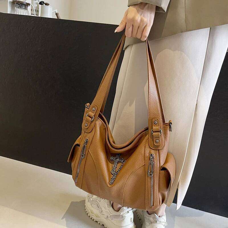 FLYING STARS Brand Tote Hardware Cross Women's Y2K Handbag Vintage PU Leather Large Capacity Women Shoulder Bag Y260205