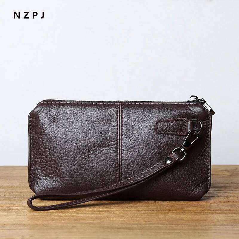 NZPJ Leather Leisure Man With Long Purse, Soft Leather, Hand Zipper, Money Chuck Layer, Cowhide Credit Card Bag, Cell Phone Bag Y260206