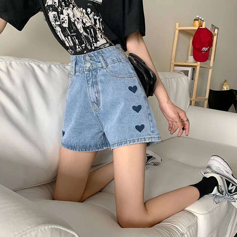 Denim Shorts Women Loose High Waist Sweetheart Embroidery Design Lovely Students Casual Wide Leg Fashion Korean Harajuku Vintage XJ260206