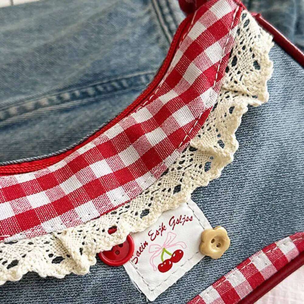 All-match Sweet French Stick Handbag Denim Blue Bow Plaid Shoulder Bag Large Capacity Lace Ribbon Cloth Underarm Bags Daily Z260207 - view 3