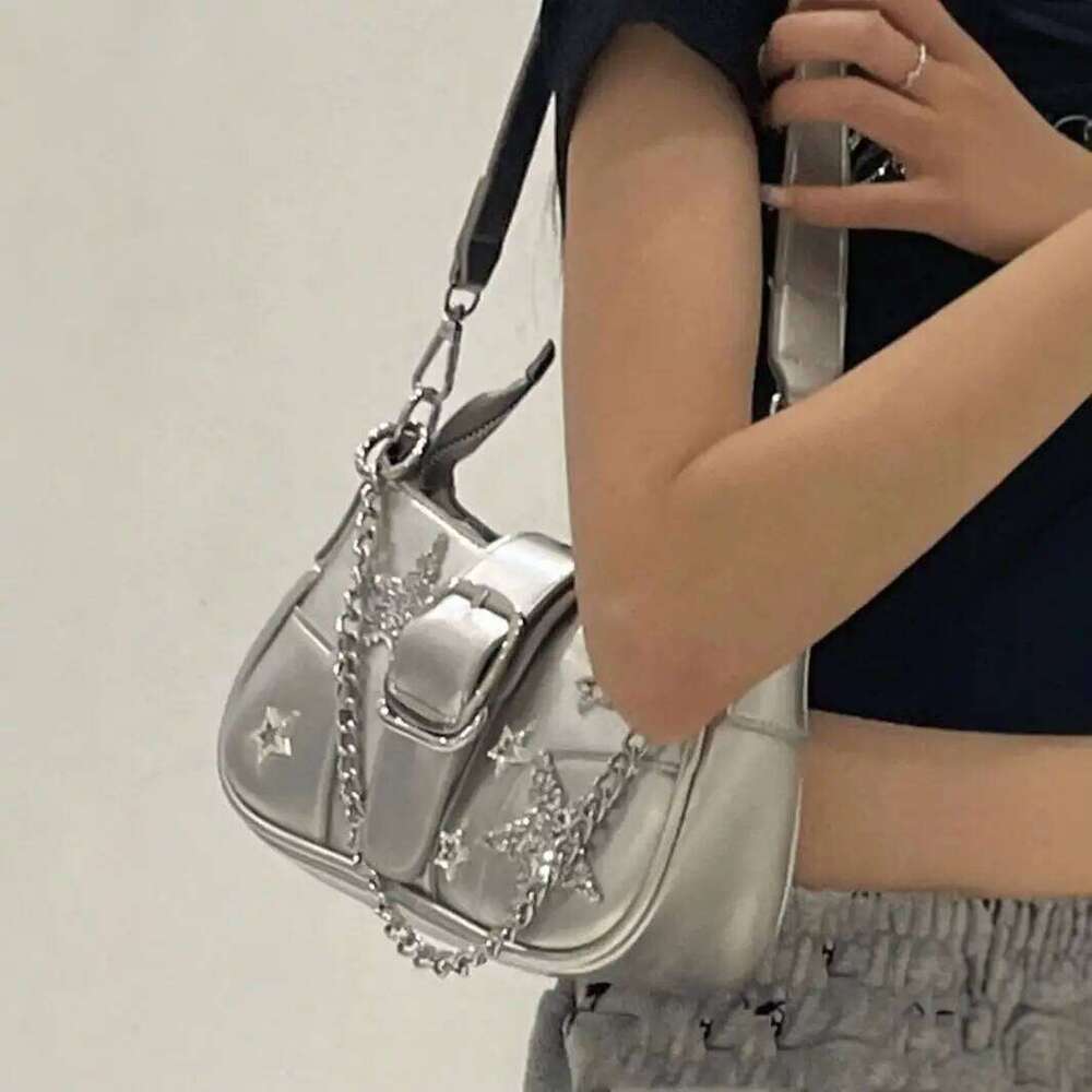 Women's Y2k Star Embroidery Shoulder Mini Chain Hobos Sweet Cool Girls Vintage Handbag Coquette Underarm Motorcycle Bag Y260205