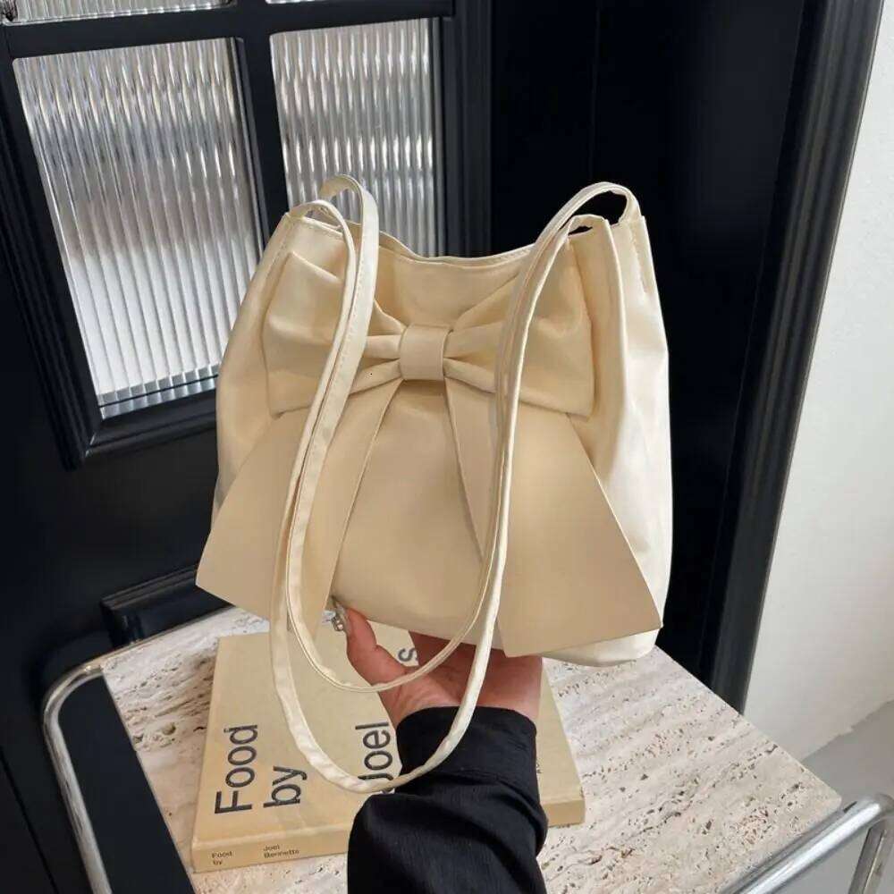 Simple Solid Color PU Bow Shoulder Bucket Korean Style INS Tote Luxury Portable Fashion Underarm Bag Women Y260205