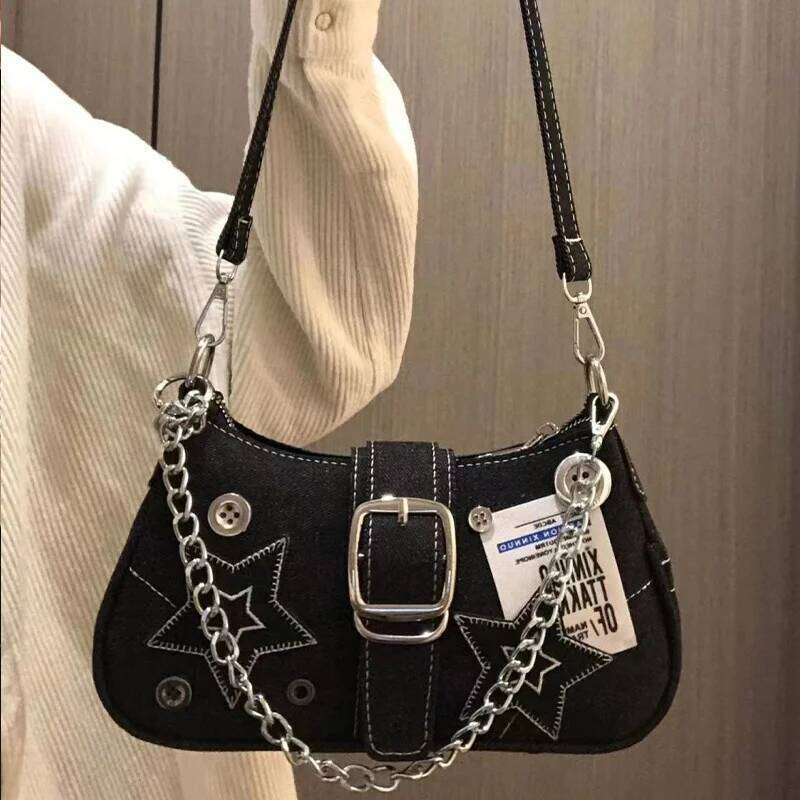 Trendy Star-Patterned Underarm Bag, Fashion Crescent Canvas Handbags with Chain Strap, Denim Handbag Shoulder Bag Y260205