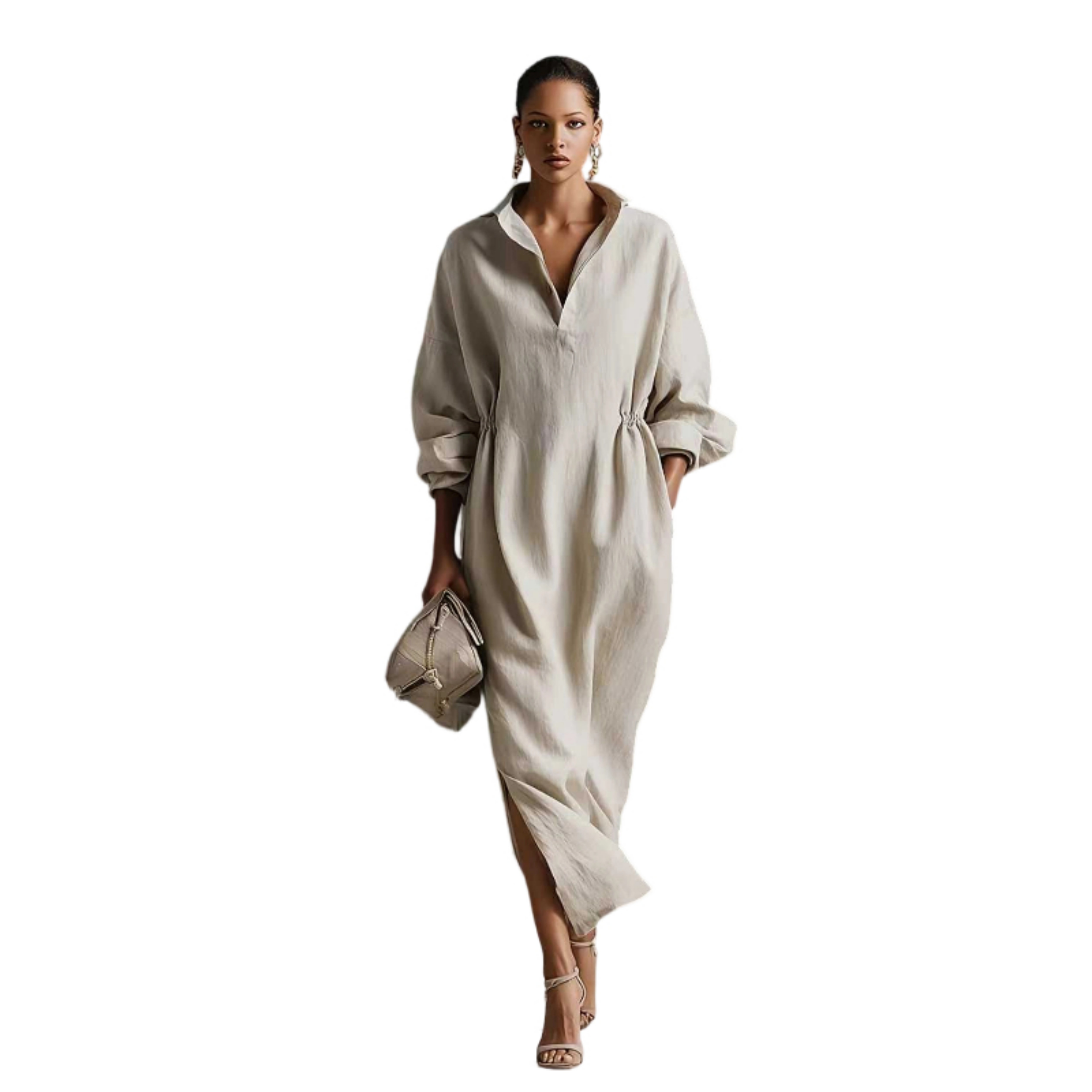 Elegant Light Beige Shirt Style Midi Dress Long Sleeve Split Hem Casual Dress with Pockets for Summer N024